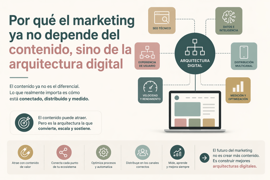 Arquitectura digital en marketing: datos, automatización, experiencia de cliente y visibilidad en entornos de IA.